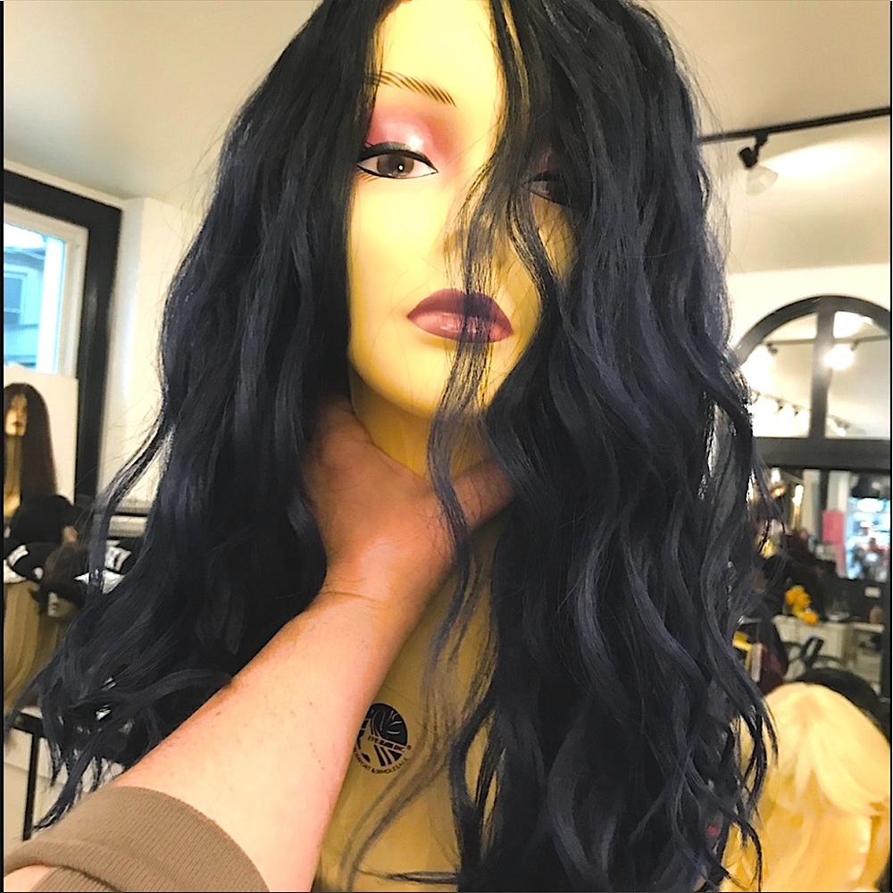 Blue Lacefront Long Wig Human hair Blende Wavy Wig